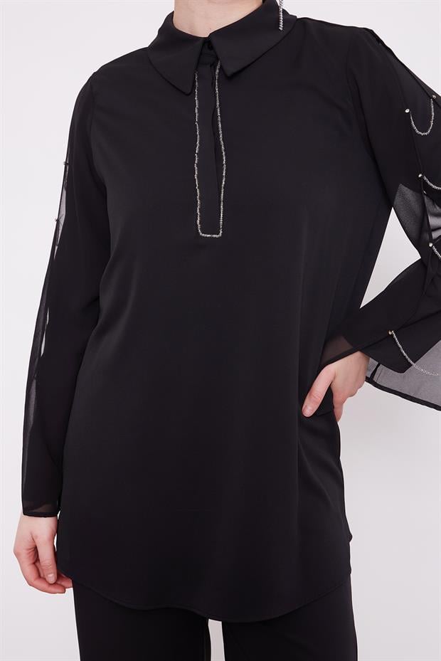 Siyah Kolları Zincir Pencere Detaylı İkili Takım