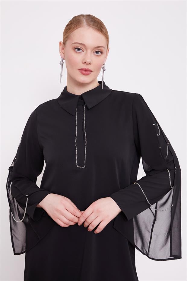 Siyah Kolları Zincir Pencere Detaylı İkili Takım