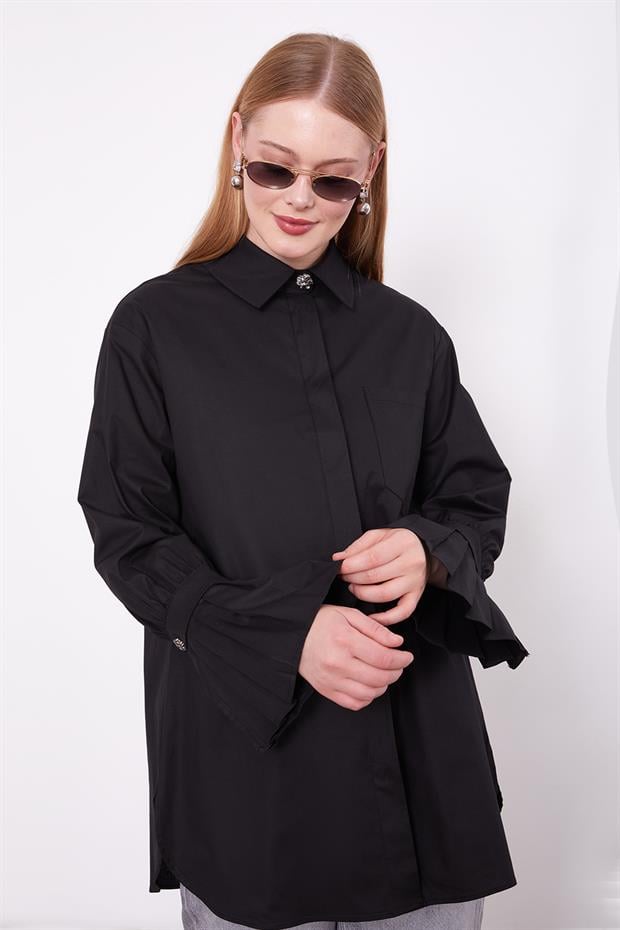 Siyah Kolu Plise Detay Gömlek