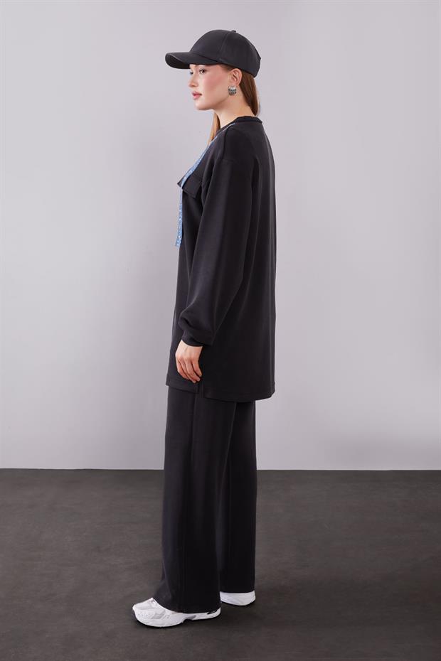 Siyah Kot Şerit Detaylı Sweat