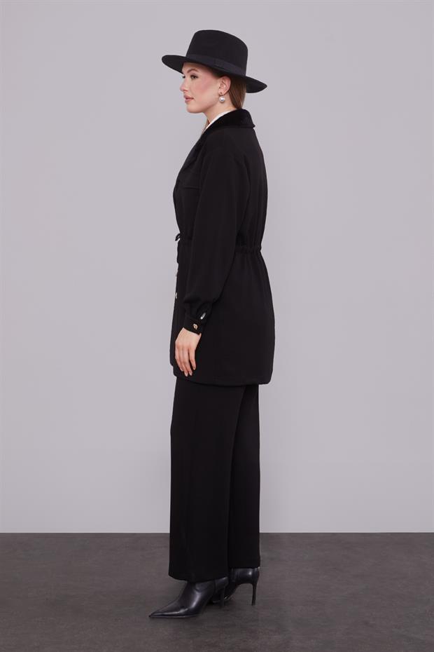 Siyah Kruvaze Kürk Yakalı İkili Takım