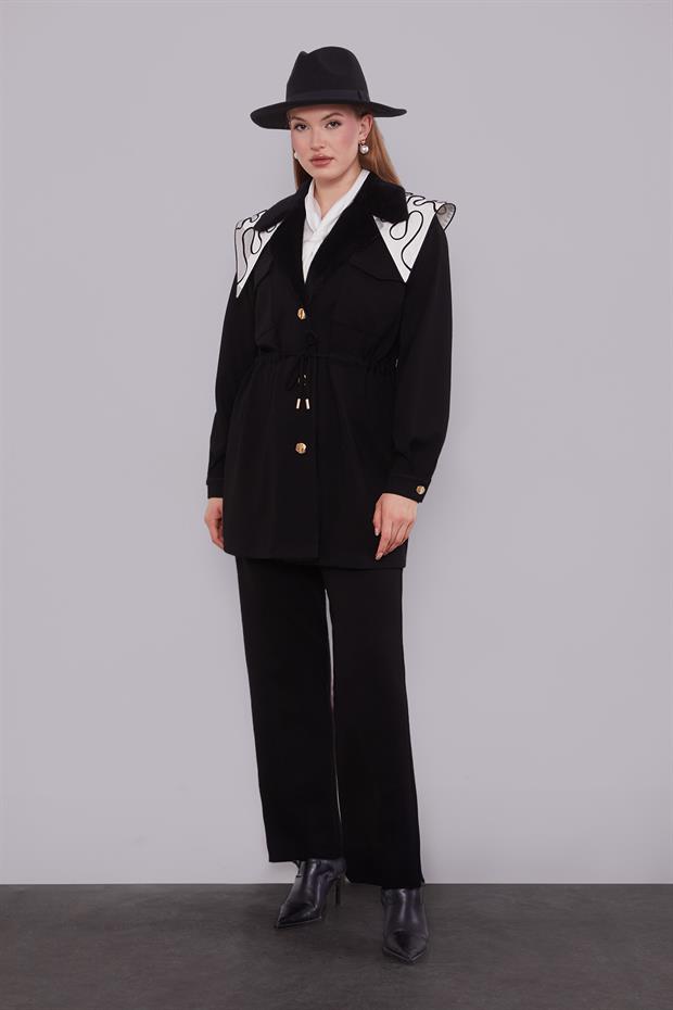 Siyah Kruvaze Kürk Yakalı İkili Takım