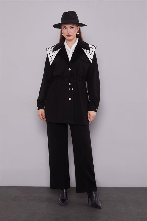 Siyah Kruvaze Kürk Yakalı İkili Takım