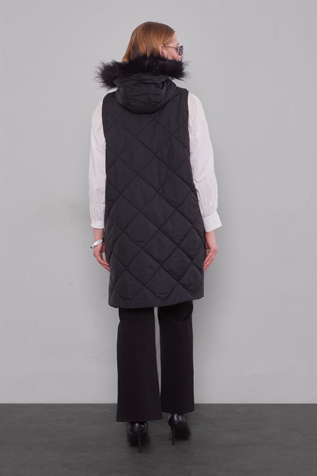 Siyah Kürk Kapüşonlu Şişme Yelek