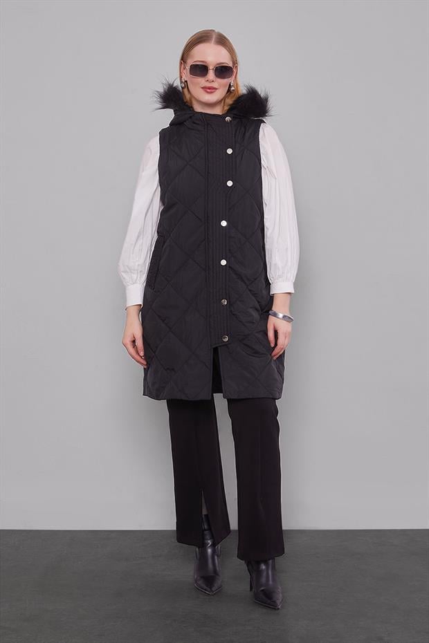 Siyah Kürk Kapüşonlu Şişme Yelek