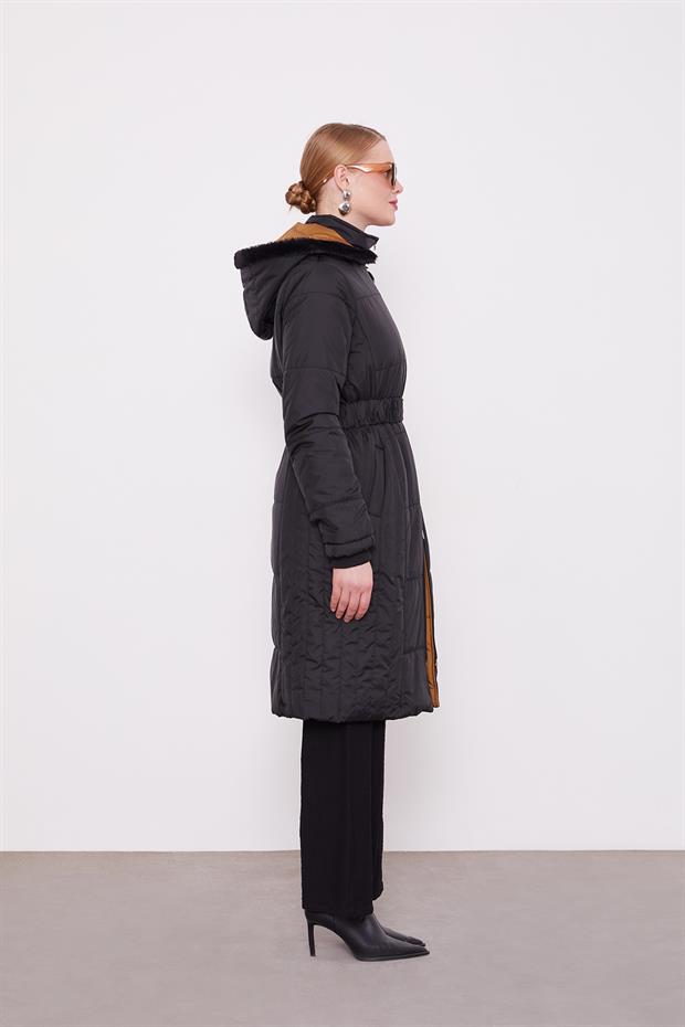 Siyah Kürk Şapkalı Şişme Mont