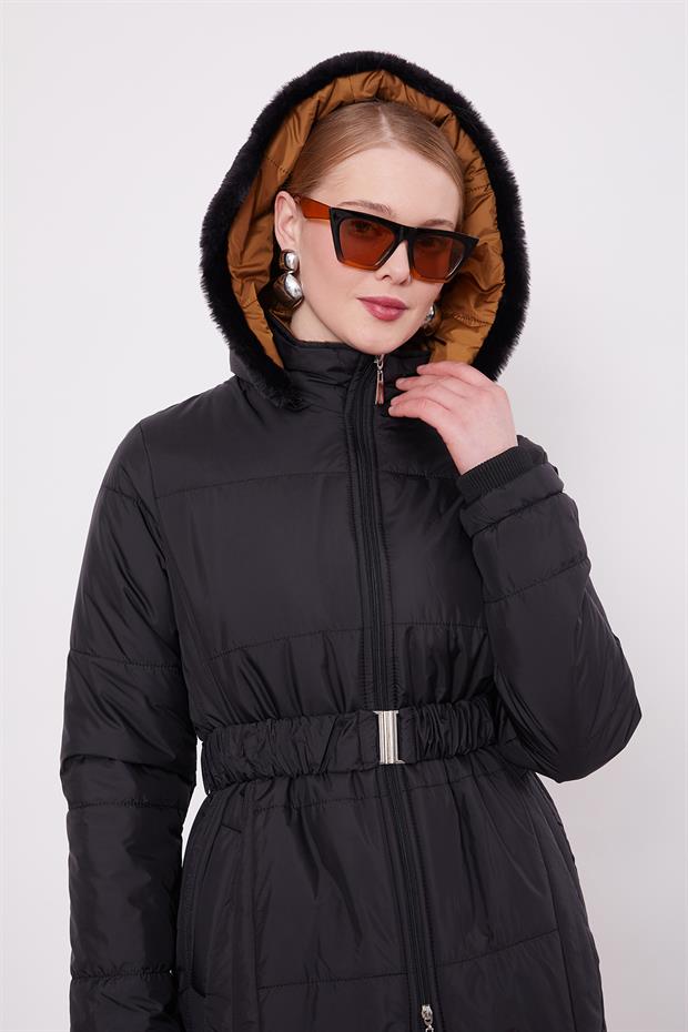 Siyah Kürk Şapkalı Şişme Mont