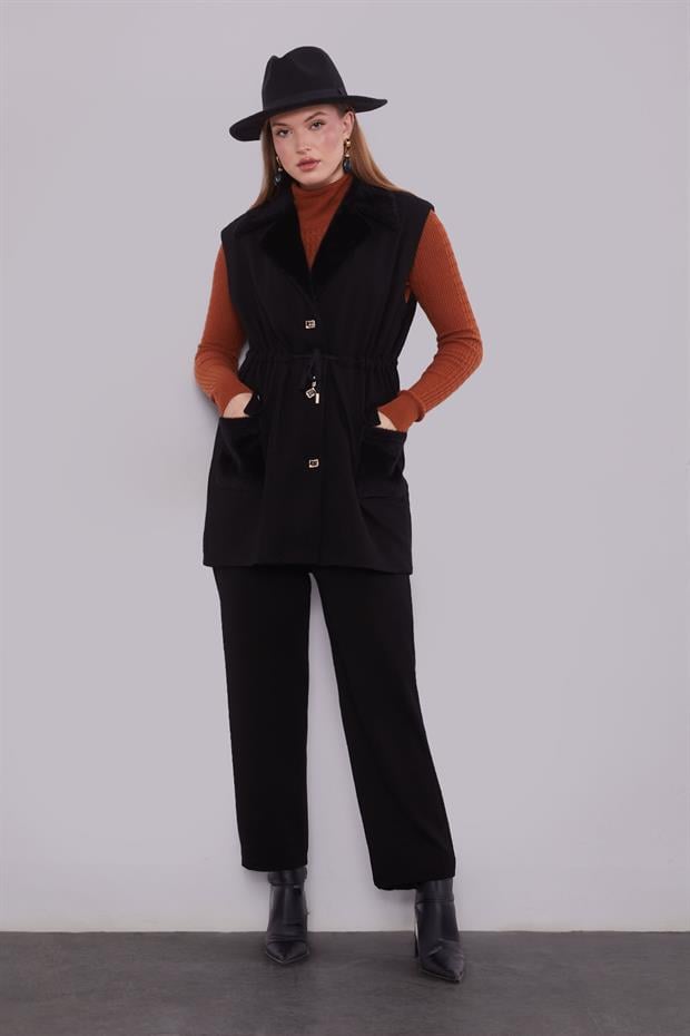 Siyah Kürk Yaka Detaylı Yelek Takım