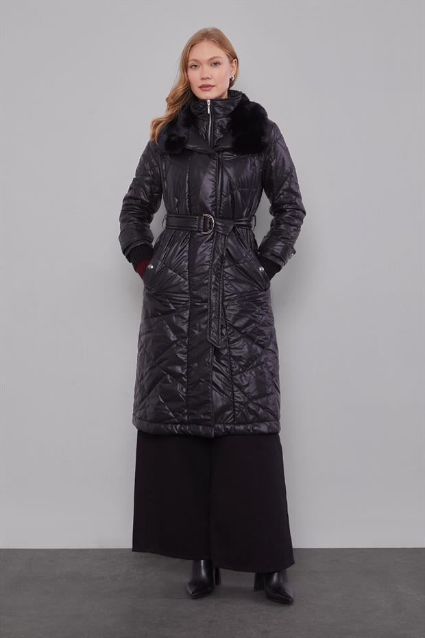 Siyah Kürk Yakalı Şişme Kapitone Mont
