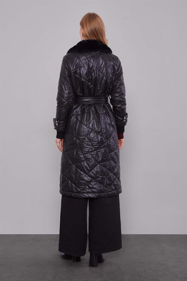 Siyah Kürk Yakalı Şişme Kapitone Mont