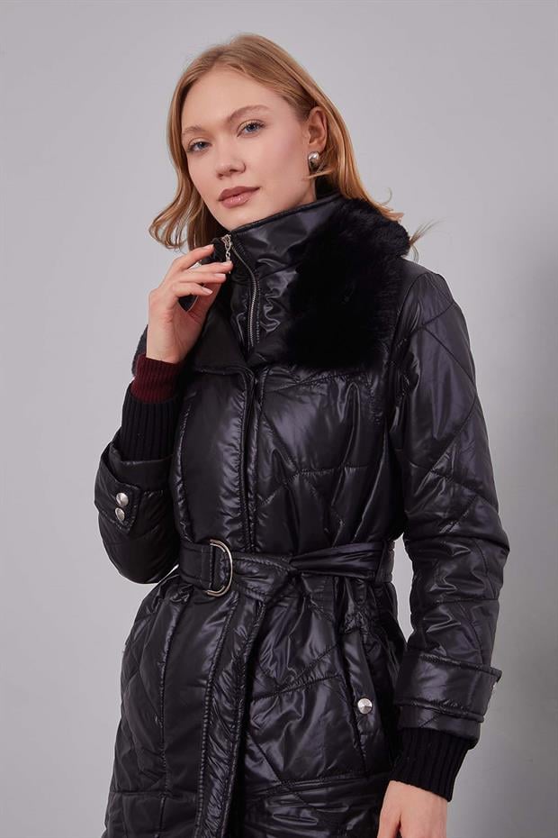 Siyah Kürk Yakalı Şişme Kapitone Mont
