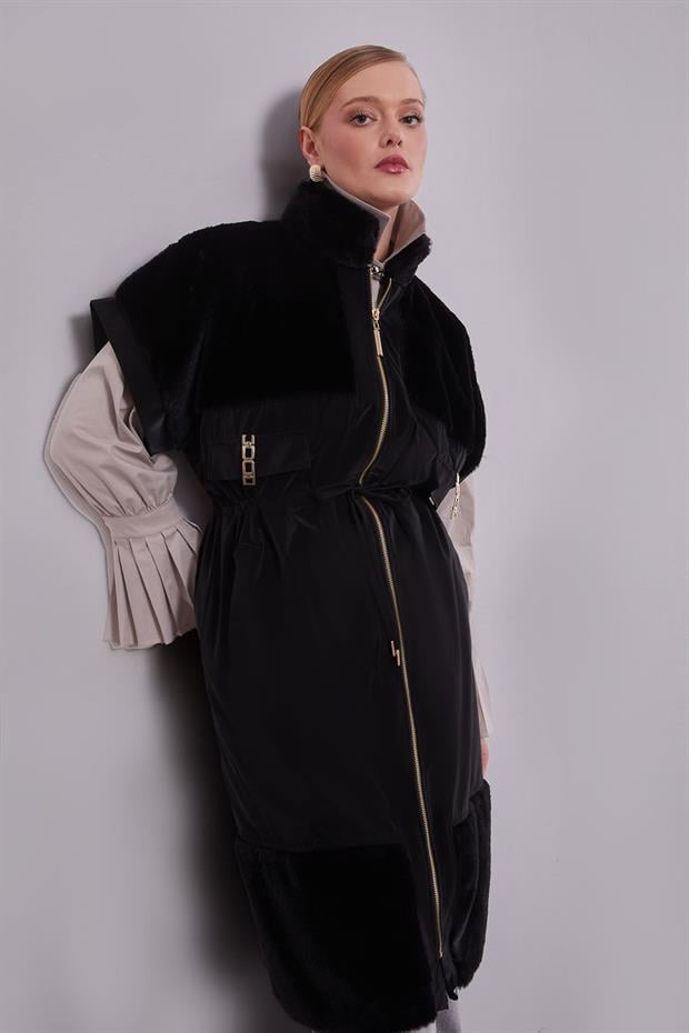 Siyah Kürk Yakalı Yelek