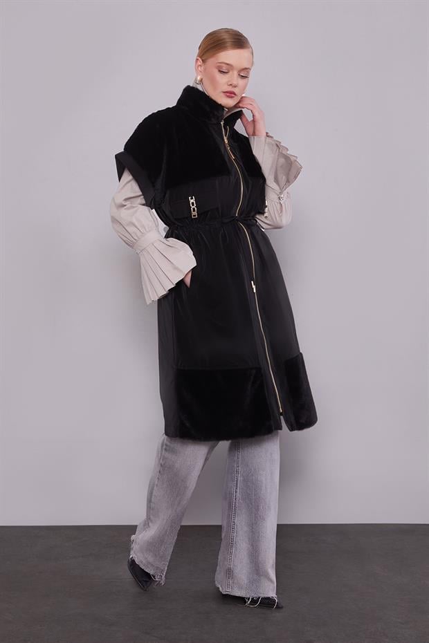 Siyah Kürk Yakalı Yelek