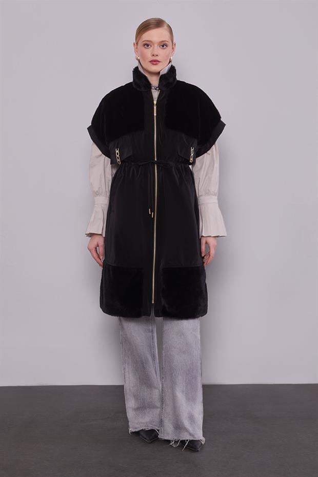 Siyah Kürk Yakalı Yelek