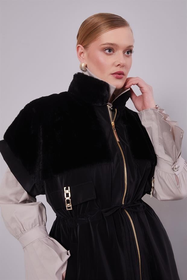 Siyah Kürk Yakalı Yelek