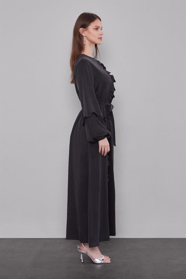 Siyah Kuşak Detaylı Cupra Elbise