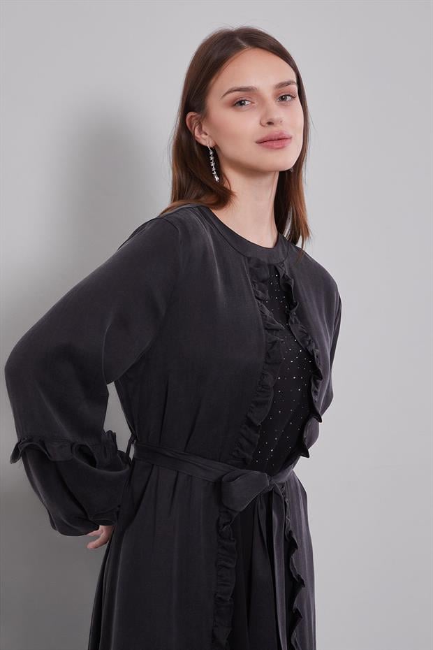 Siyah Kuşak Detaylı Cupra Elbise