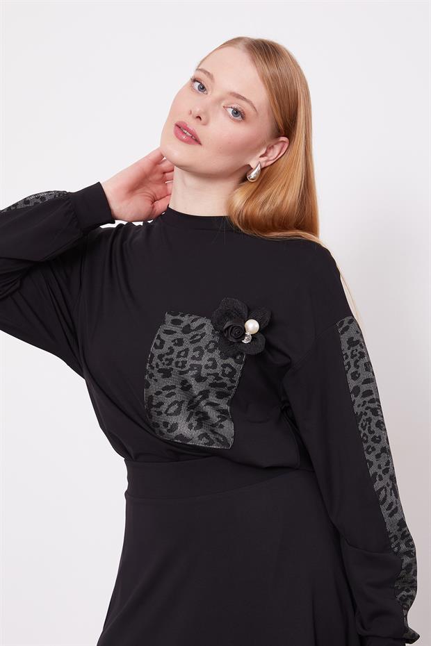 Siyah Leopar Cep Detaylı Etek Takım