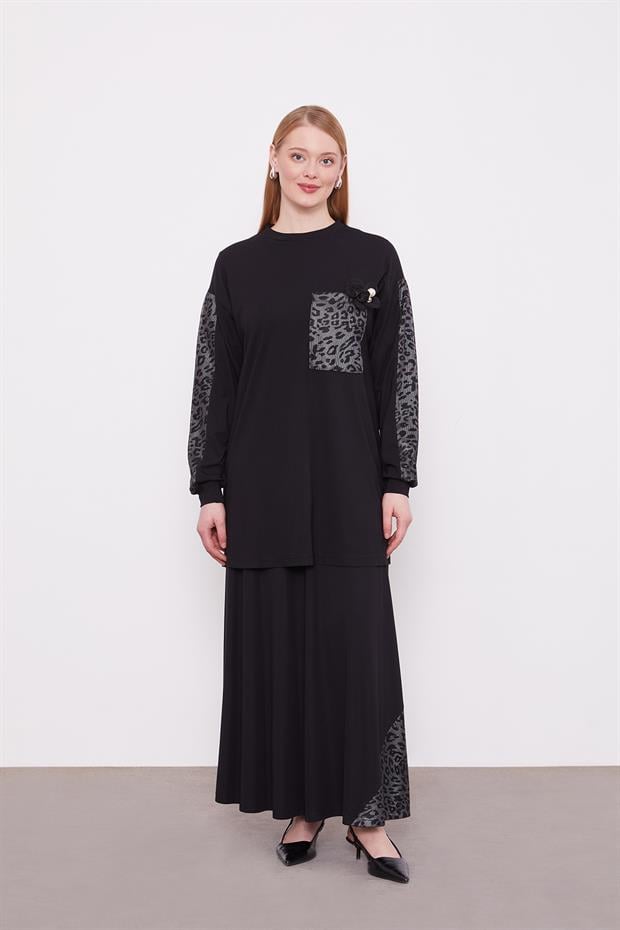 Siyah Leopar Cep Detaylı Etek Takım