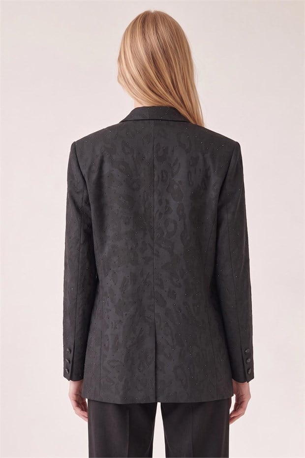 Leopar Dokulu Taş Detaylı Blazer Ceket Siyah