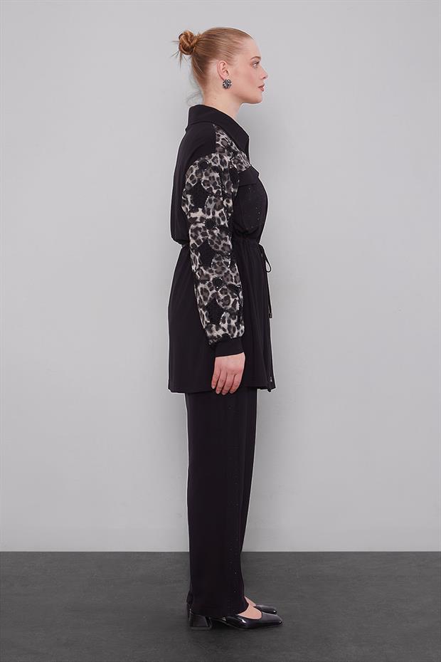 Siyah Leopar Kol Desenli İkili Takım