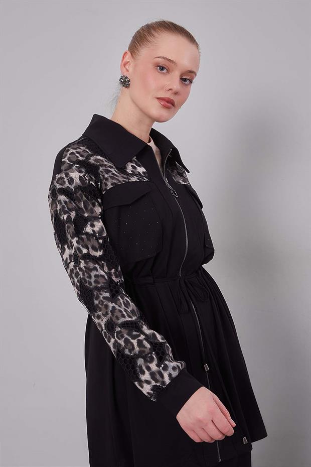 Siyah Leopar Kol Desenli İkili Takım