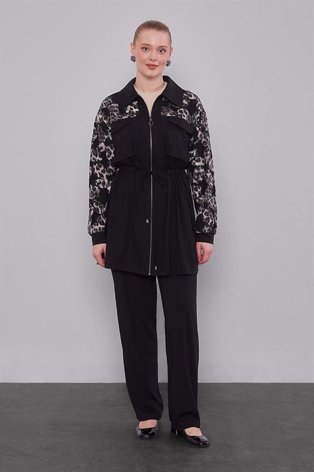 Siyah Leopar Kol Desenli İkili Takım