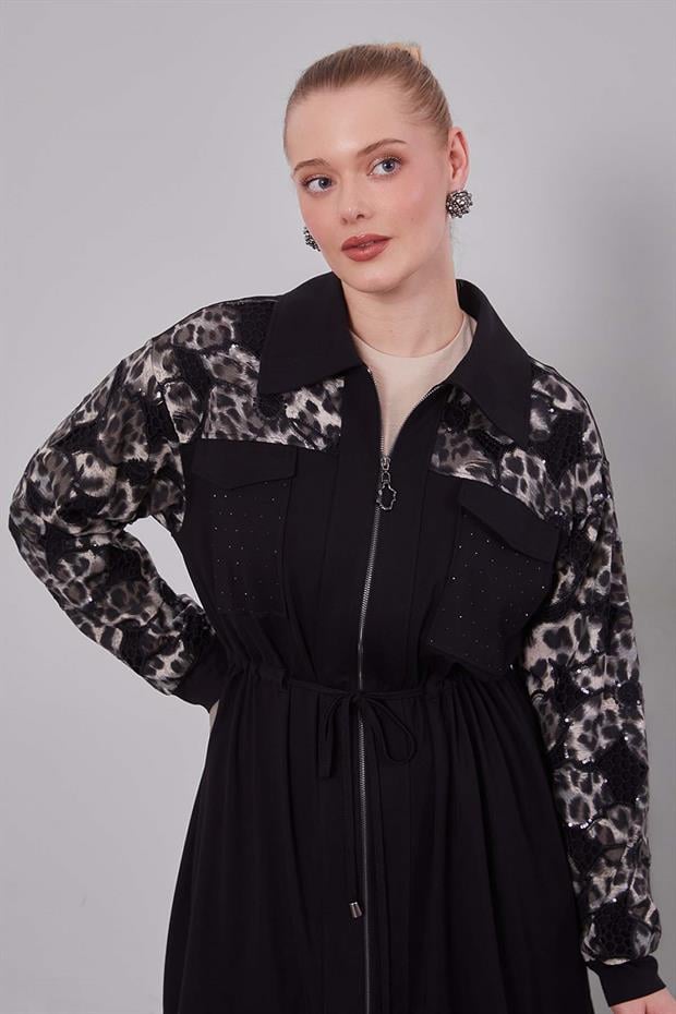 Siyah Leopar Kol Desenli İkili Takım