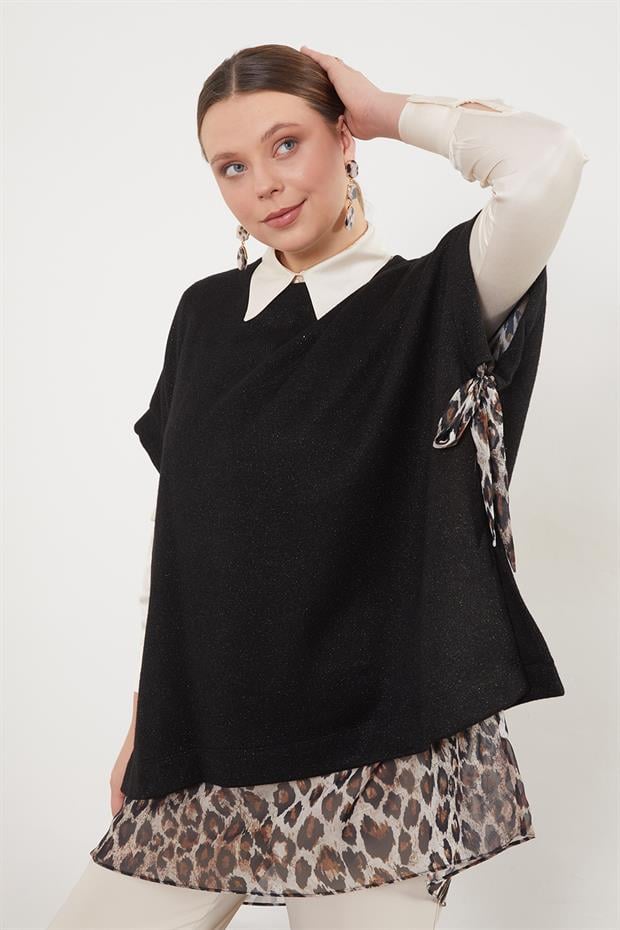 Leopar Tül Detaylı Tunik Siyah