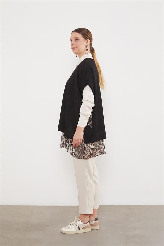 Leopar Tül Detaylı Tunik Siyah