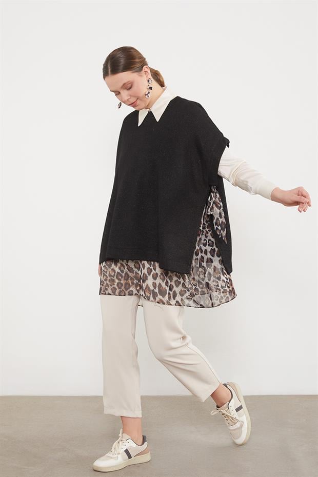 Leopar Tül Detaylı Tunik Siyah
