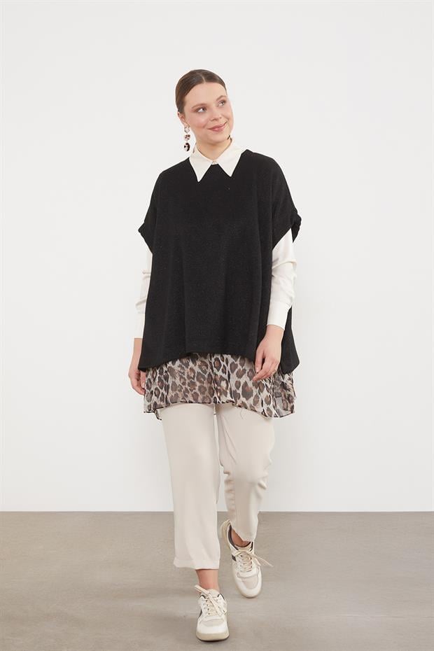 Leopar Tül Detaylı Tunik Siyah