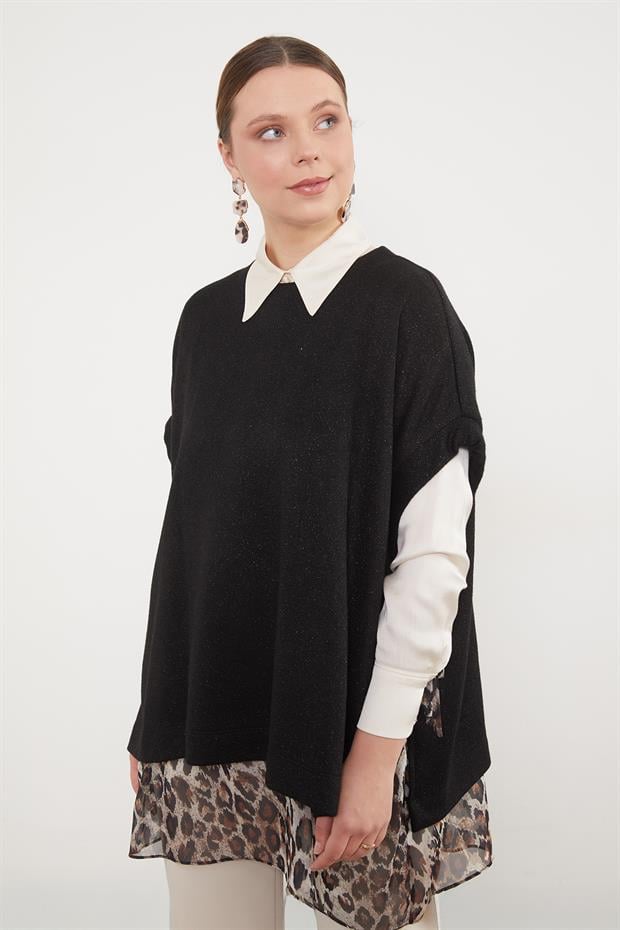 Leopar Tül Detaylı Tunik Siyah