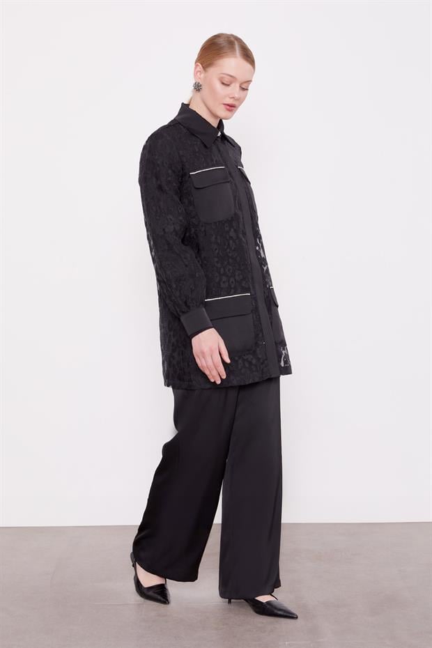 Siyah Leopar Tül Görünümlü İkili Takım