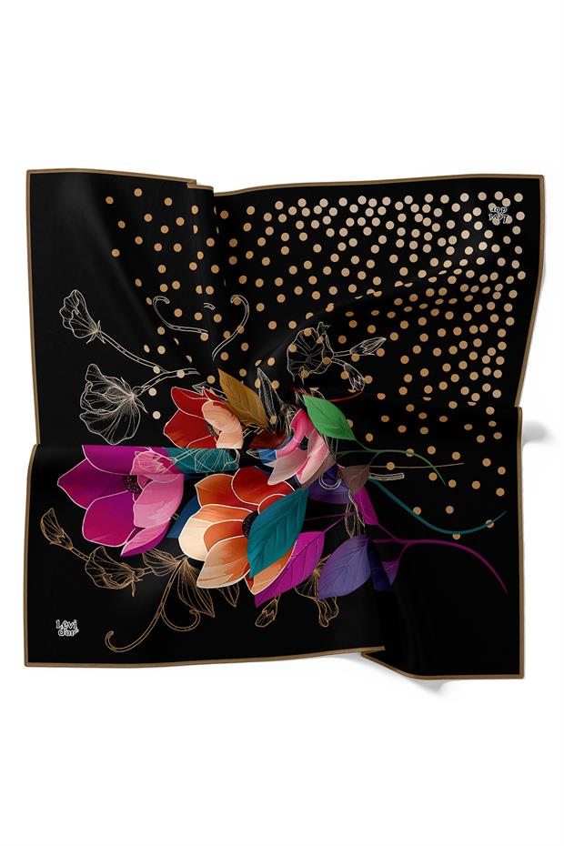Siyah Lotus Çiçek Desen Twill İpek Eşarp