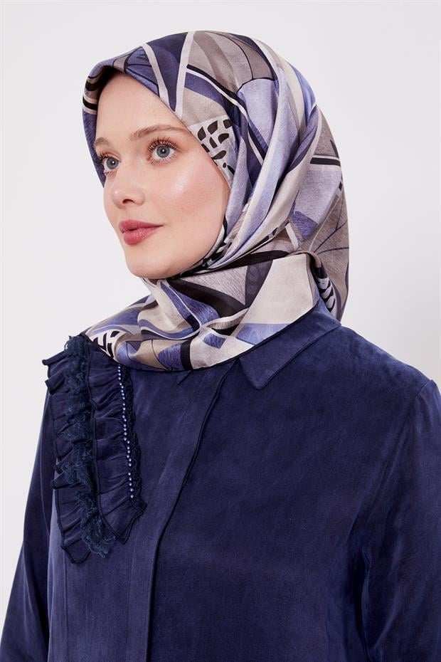 Siyah - Mavi Dama Desen Twill İpek Eşarp