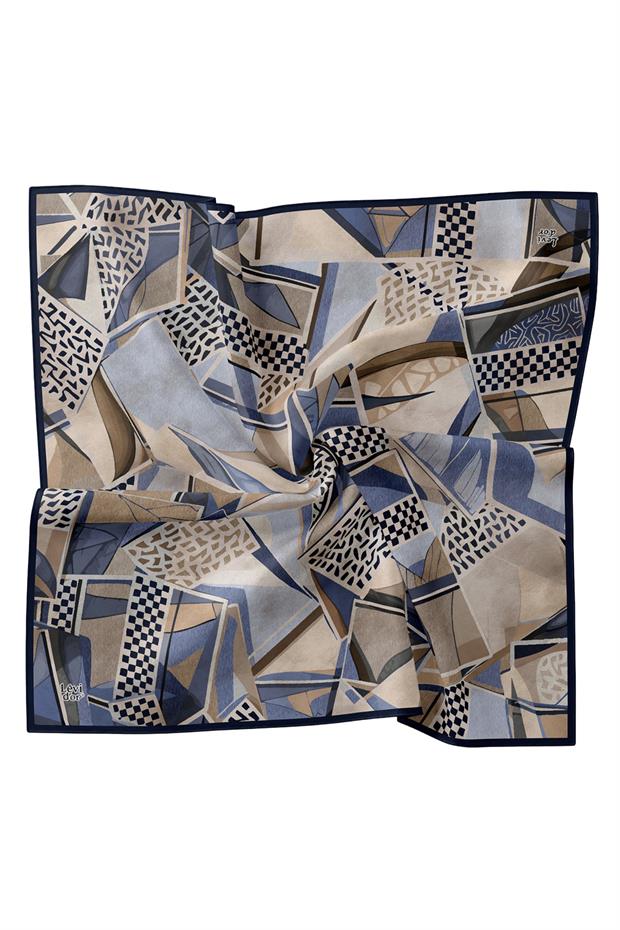 Siyah - Mavi Dama Desen Twill İpek Eşarp