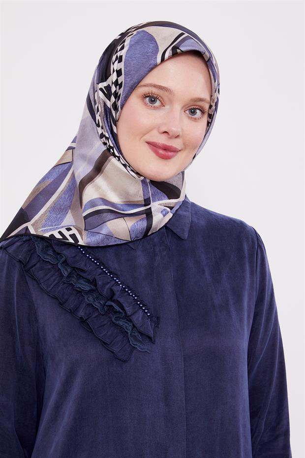 Siyah - Mavi Dama Desen Twill İpek Eşarp