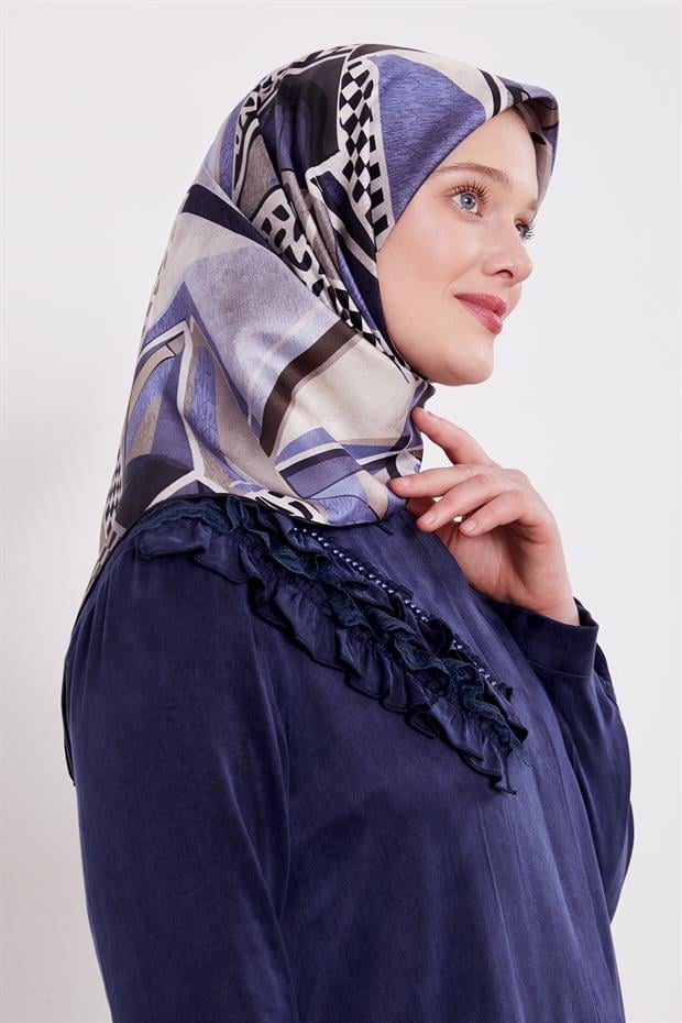 Siyah - Mavi Dama Desen Twill İpek Eşarp