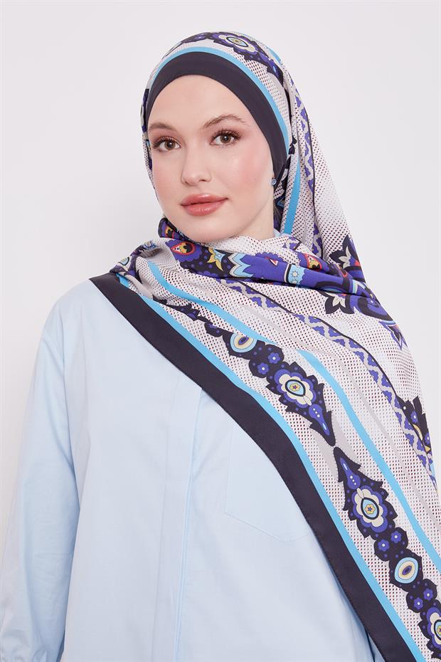 Siyah - Mavi Kenar Benek Desen Hint İpeği Şal