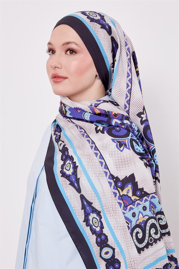 Siyah - Mavi Kenar Benek Desen Hint İpeği Şal