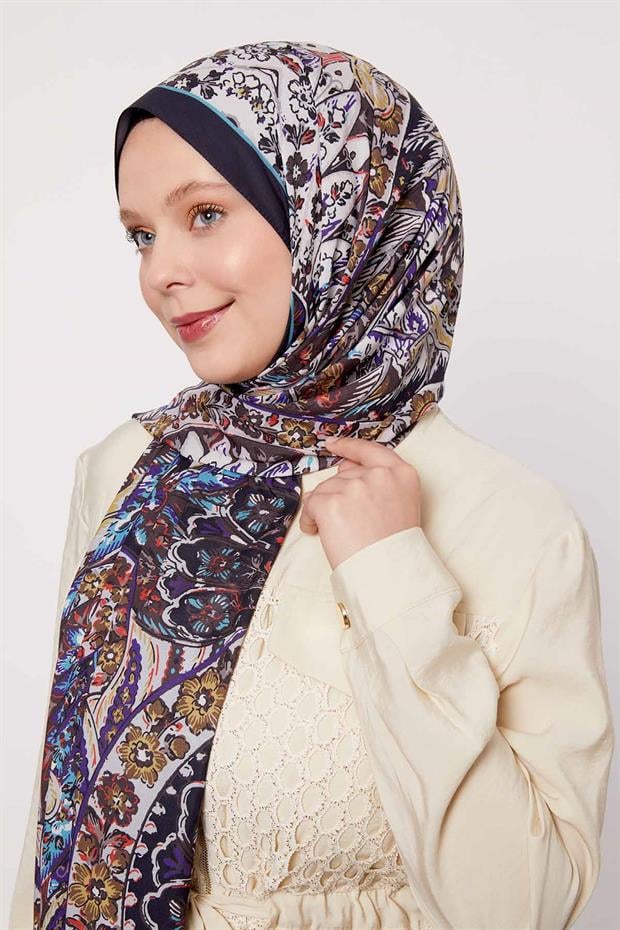 Siyah - Mavi Soyut Çiçek Desen Love Şal