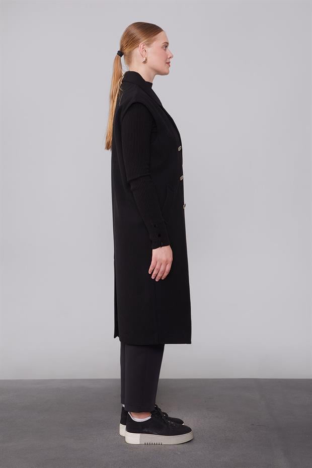 Siyah Maxi Boy Kaşe Yelek