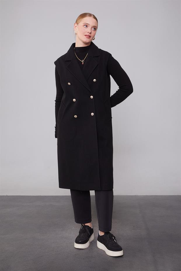 Siyah Maxi Boy Kaşe Yelek