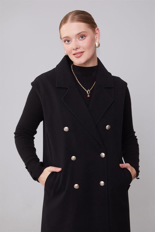 Siyah Maxi Boy Kaşe Yelek