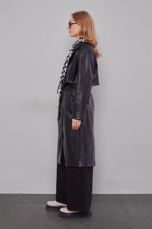 Siyah Midi Boy Kuşaklı Deri Trençkot