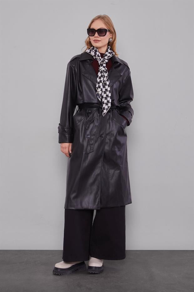 Siyah Midi Boy Kuşaklı Deri Trençkot