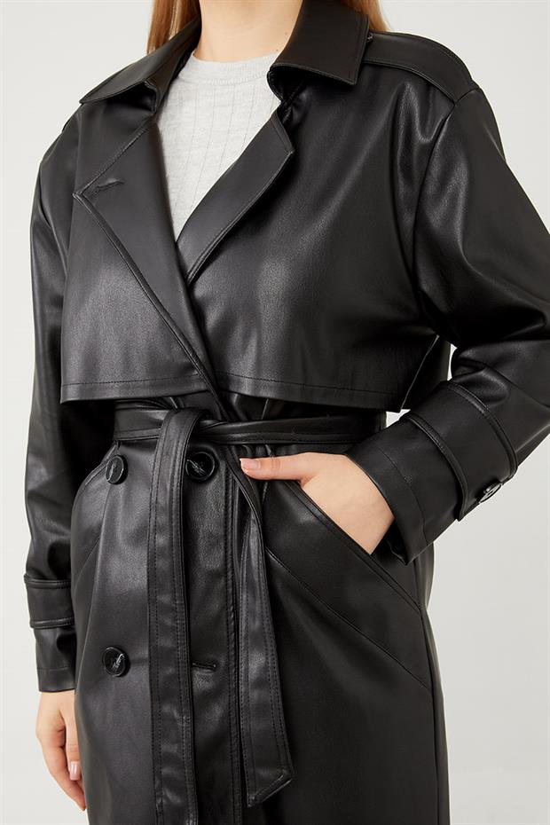 Siyah Midi Boy Kuşaklı Deri Trençkot