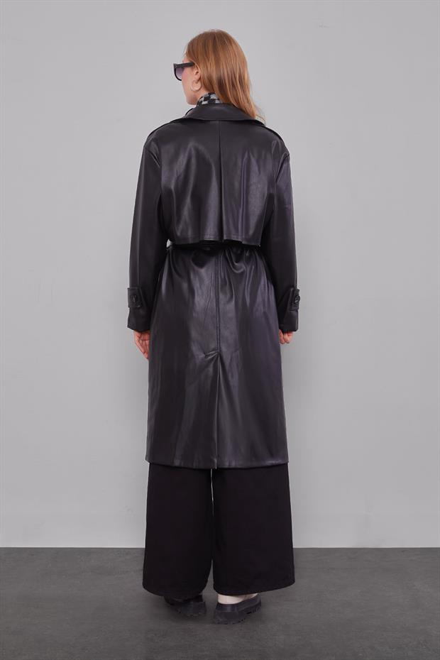 Siyah Midi Boy Kuşaklı Deri Trençkot