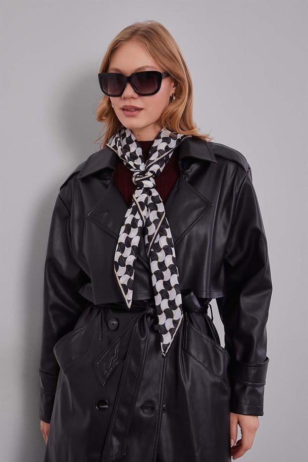 Siyah Midi Boy Kuşaklı Deri Trençkot